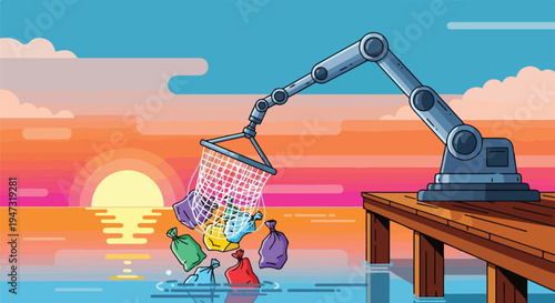 Robotic arm cleans up colorful plastic waste from ocean at sunset, environmental concept