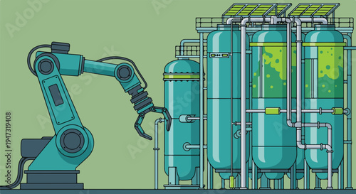 Robotic arm working in a modern green energy industrial plant with large processing tanks containing sustainable bio-liquid, representing advanced eco-friendly manufacturing.