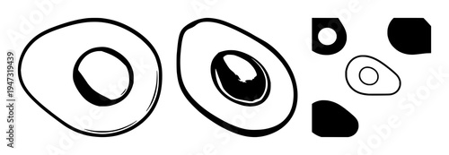 Avocado set with graphic vector of sliced avocado displaying pit shaped like heart featuring healthy lifestyle icon, solid black lines, white background with minimalism and nutrition