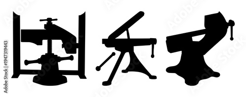Blacksmith leg vise set with solid black silhouette on white background featuring blacksmith, industrial, mechanical with historical and trade