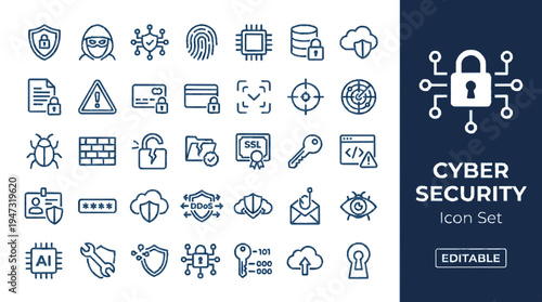 Editable cyber security icon set with high tech symbols for digital protection and data privacy in vector format