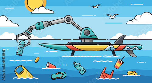Robotic arm on a boat cleaning plastic waste from the ocean, illustrating innovative solutions for marine pollution and environmental conservation.