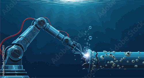 Automated underwater robotic arm performing critical repair work on a fractured pipeline, showcasing advanced deep-sea technology and engineering.
