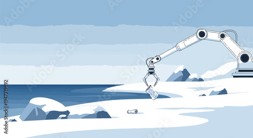 Robotic arm collecting trash from a snowy arctic coastline, environmental cleanup concept