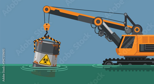 Crane lifting radioactive waste barrel from water, hazardous material disposal, environmental protection concept