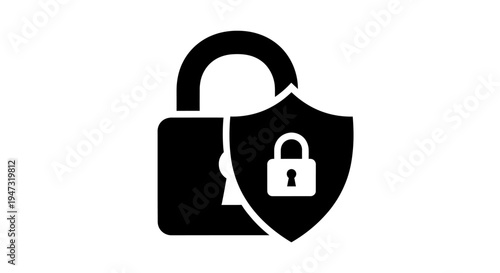 Padlock and shield security symbol icon.