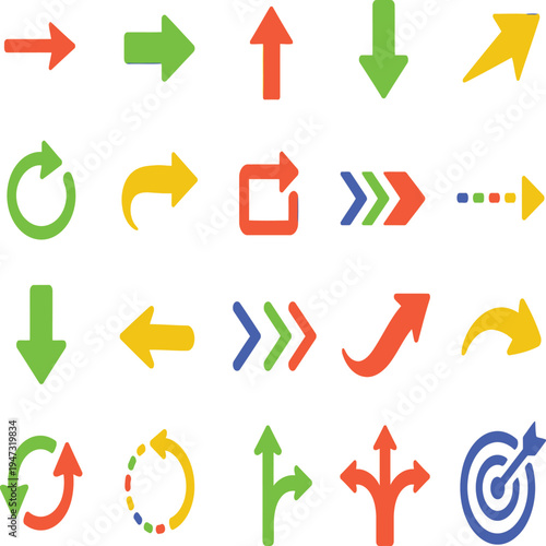 Collection of various colorful arrow icons and symbols for navigation and direction