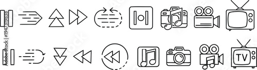 A set of black and white line art icons for media and playback controls