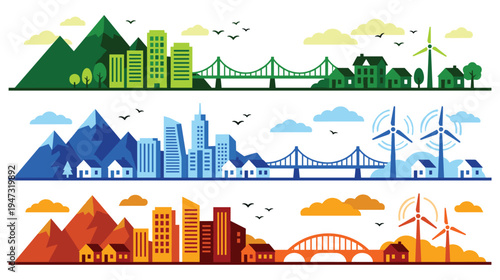 Colorful flat city landscape banners with sustainable energy theme