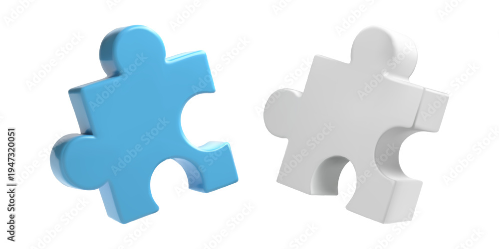 Fototapeta premium 3D blue and white puzzle, plastic piece vector icon. Isometric jigsaw project, community partnership in technology framework. Connect and think to build solution. Team skill successfully solve problem