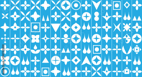 A large collection of white shapes on a purple background