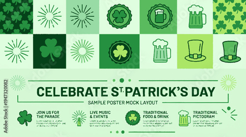 Minimalistic green icons for st patrick's day celebration with shamrocks beer mugs hats and festive decorations on a light background