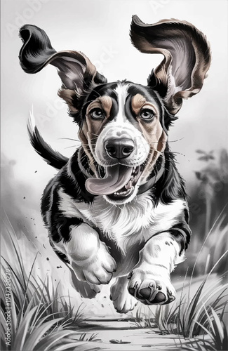 Vector illustration depicting a cheerful Basset Hound running. The dog's ears are flapping in the wind, and its mouth is happily open, revealing a glimpse of its tongue.