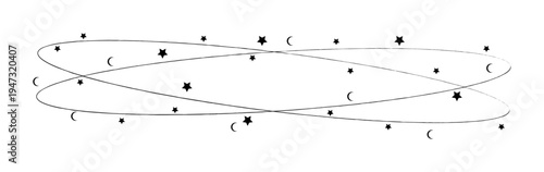 Abstract orbital paths with scattered dots and crescent shapes representing science or data visualization on a clean white background
