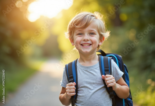 Smiling student school boy outdoors in September sunlight