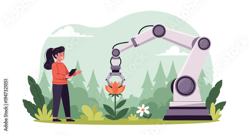 Woman controlling robotic arm in nature to care for a flower, concept of technology and environment integration