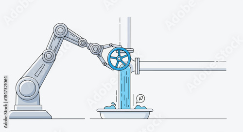 Automated robotic arm turning a water valve on a pipe, illustrating industrial control, resource management, leak prevention, and modern technology solutions.