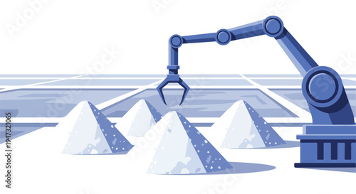 Robotic arm collecting white granular material from piles on a grid surface, representing industry and automation.