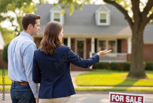 A real estate agent points to a house for a male client, with a 