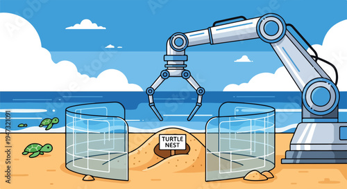 Robotic arm carefully places baby turtles into protected nesting enclosures on a sandy beach near the ocean.