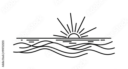 Simple line drawing of sunrise over water.