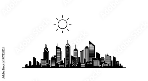 Black and white city skyline illustration.