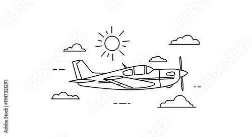 Airplane flying through sunny sky.