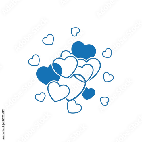 A vibrant cluster of blue and white hearts, some filled and some outlined, symbolizing love, affection, and emotional connection.