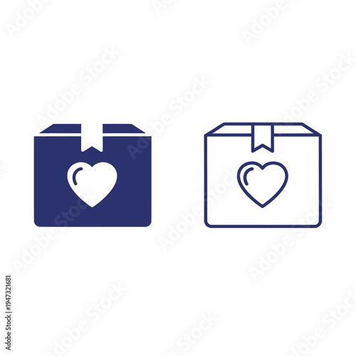 Two distinct icons depicting a charity donation box with a heart symbol, one solid blue and one outline style.