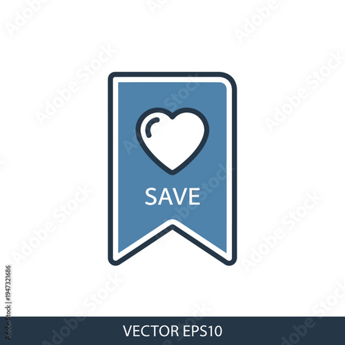 Blue bookmark icon with a white heart and 'SAVE' text, symbolizing saving or favoriting content in digital interfaces.