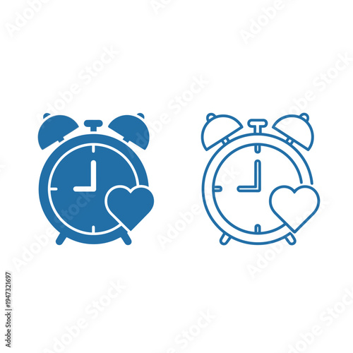 Blue alarm clock icons with heart symbols, representing time management, love, and health reminders for daily well-being.