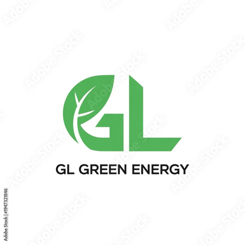 GL Green Energy Logo design featuring stylized letters G and L integrated with a vibrant green leaf icon, symbolizing sustainability and renewable power.