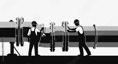 Two workers handling large metal pipe.