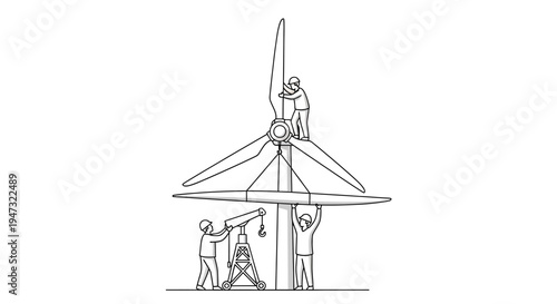 People working on wind turbine installation.