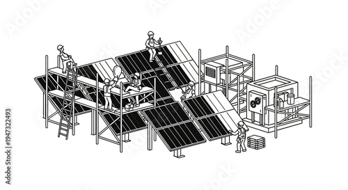 Workers installing solar panels on scaffolding.