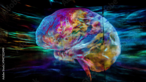 Abstract colorful brain with neural connections displayed on a large digital screen, AI algorithm emotion display, machine learning emotion concept, colorful algorithm brain, AI