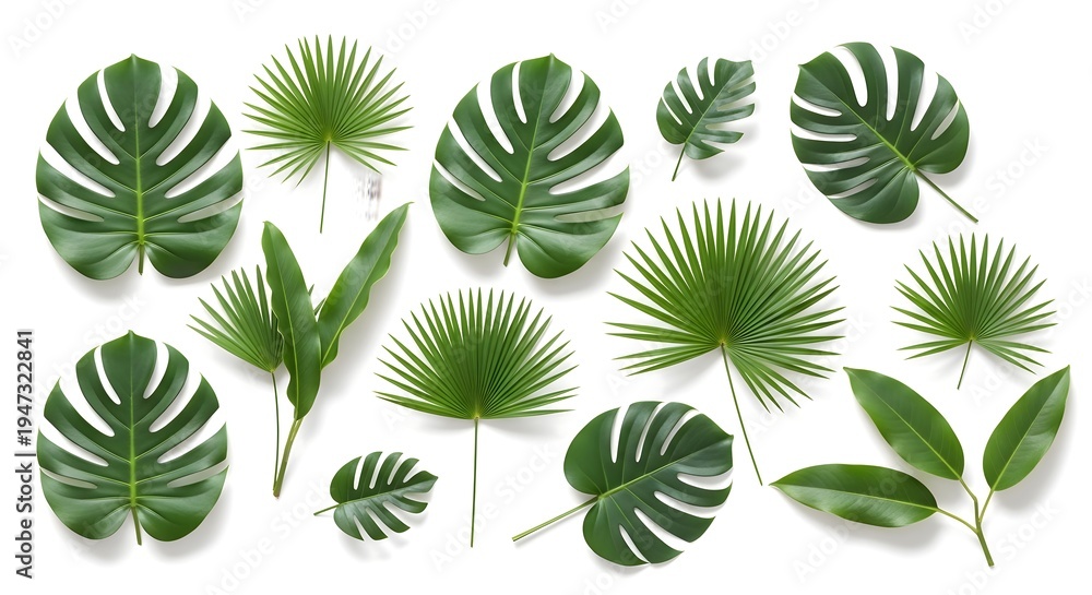Fototapeta premium Assortment of diverse green tropical leaves isolated on white background