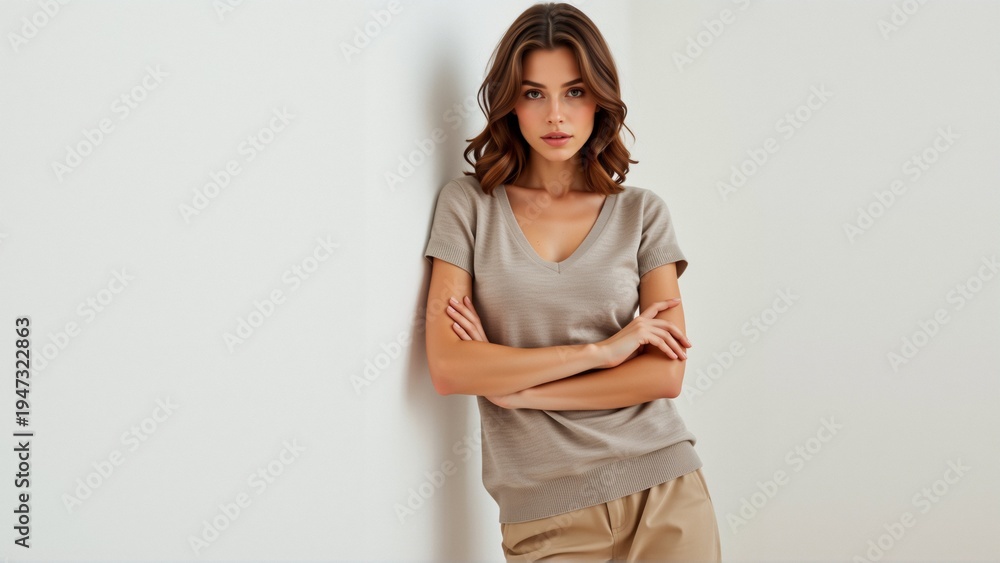 Obraz premium portrait young woman standing against plain white wall she wearing beige shirt beige pants her hair styled loose waves she looking directly camera serious expression her arms crossed front her chest