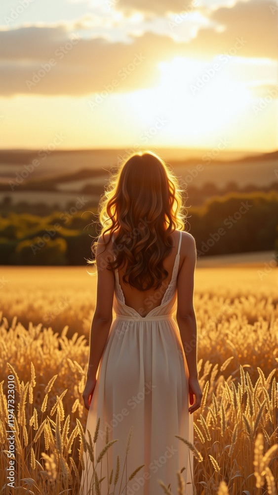 Naklejka premium young woman standing field tall golden wheat she wearing long white dress deep neckline thin straps her long blonde hair flowing wind cascades down her back sun setting background casting warm glow