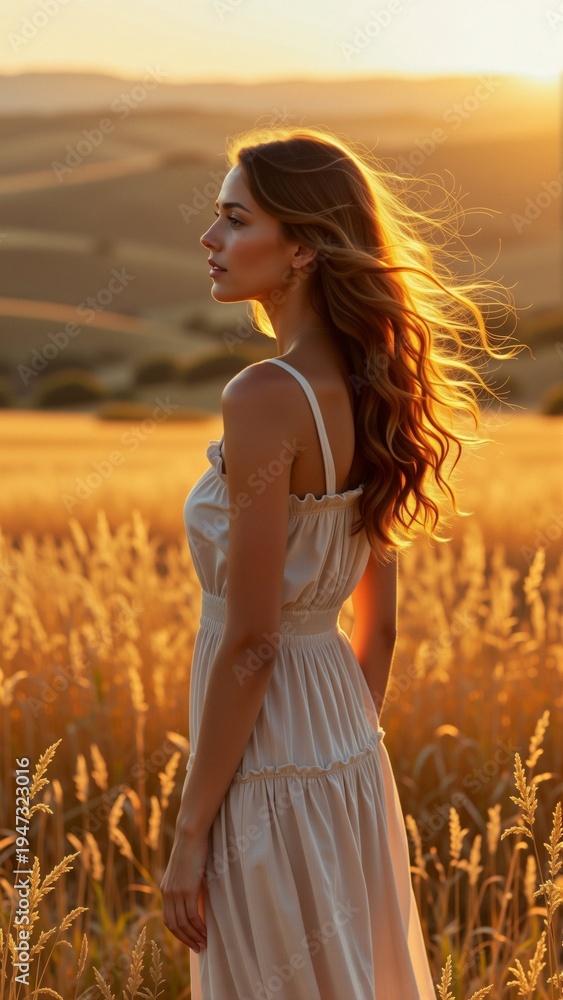 Obraz premium young woman standing field tall grass sunset she wearing long flowy white dress sweetheart neckline thin straps her long wavy hair blowing wind cascades down her back sky beautiful orange yellow
