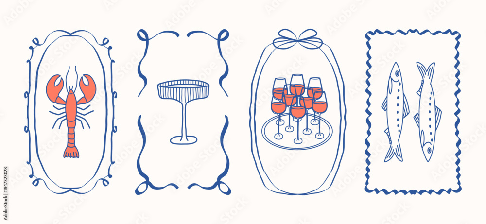 Obraz premium Hand drawn wine posters set. Lobster, sardinie in whimsical frame. Cocktail, alcohol beverage. Wine tasting concept for restaurant menu, invitation for an event, festival, party.