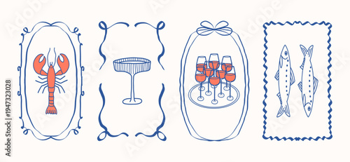 Hand drawn wine posters set. Lobster, sardinie in whimsical frame. Cocktail, alcohol beverage. Wine tasting concept for restaurant menu, invitation for an event, festival, party.