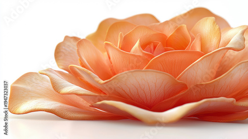 A captivating close up view showcases the intricate layers and delicate details of a vibrant peach colored rose bloom against a bright white background surface.