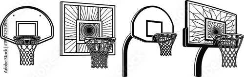 Basketball hoop set silhouette vector illustration for sports equipment backboard with net icons for streetball game competition playground and athletic activity concept