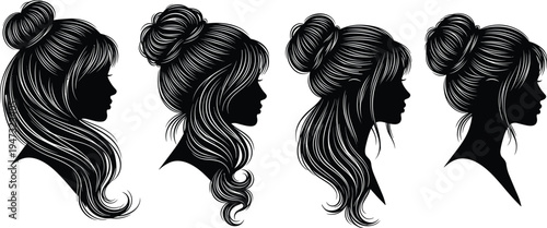 Set of beautiful woman hair silhouettes with messy bun and bangs representing hair salon styling fashion beauty feminine elegance and.