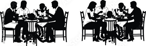 Family dinner silhouette of parents and children eating together at a round table for home lifestyle healthy eating and community nutrition concept