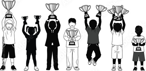 Set of diverse children and students silhouettes holding trophies celebrating success achievement competition winning excellence education sports and youth talent development.