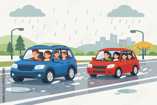 Families driving cars on a wet road during a rainy day. Blue and red vehicles with parents and children traveling together. Flat vector illustration of a rainy commute with city and hills scenery.