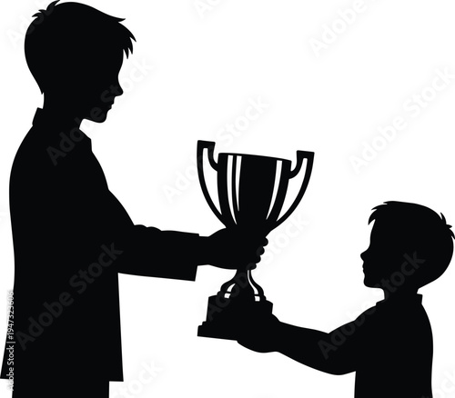Silhouette of a successful man giving a gold trophy to a young boy representing mentorship, achievement, motivation, legacy, and success coaching.