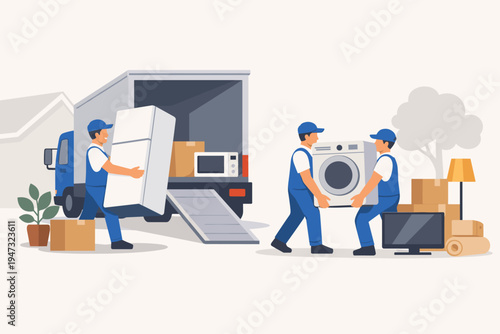 Professional Movers Unloading Household Appliances and Cardboard Boxes from a Delivery Truck, Relocation Service Concept with Refrigerator, Washing Machine, and TV, Flat Vector Illustration.